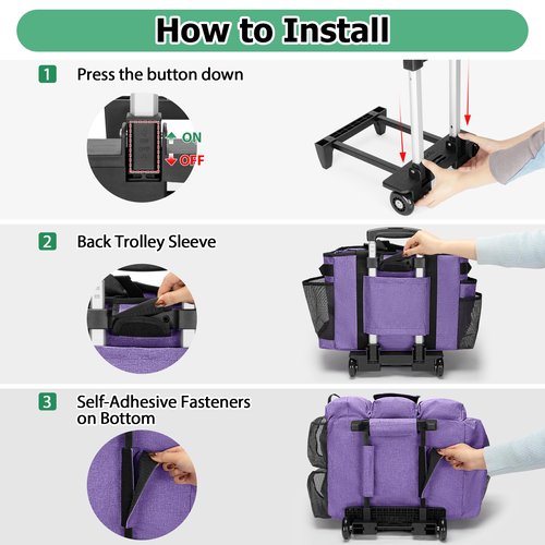 LoDrid Rolling Cleaning Bag with Detachable Trolley, Professional Cleaning Caddy with Shoulder Strap for Housekeepers, Portable Cart on Wheels for Supplies, Purple (Patent Design)