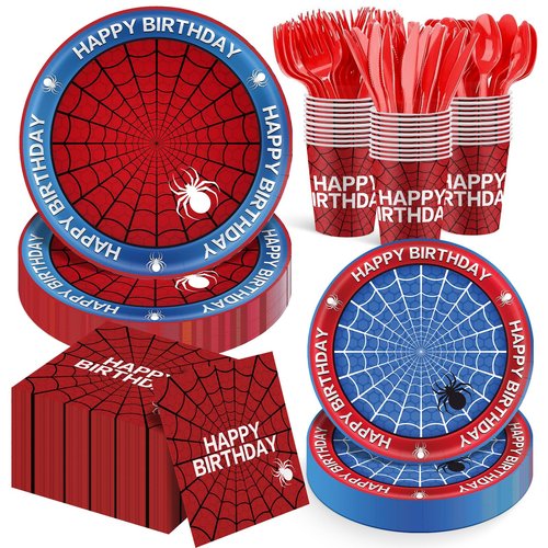 168Pcs Spider Birthday Decorations, Includes Plates Napkins Cups Knives Forks Spoons, Serve 24