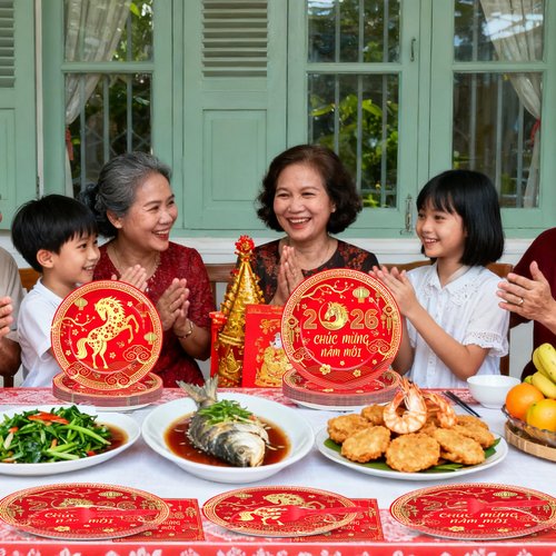 96Pcs Vietnamese New Year Party Decorations Vietnamese Horse Themed New Year Plates and Napkins 2026 Red Gold Horse Tableware Dinnerware Party Supplies for Spring Festival Lunar Decor Serves 24 Guests