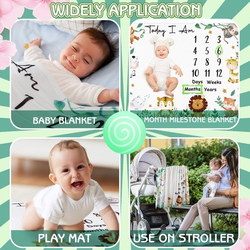 Guiqulai Baby Milestone Blanket for Baby Boy, Animals Baby Monthly Milestone Blanket Safari Baby Growth Blanket Newborn Photography Background with Wooden Signs, Frames, Bandana