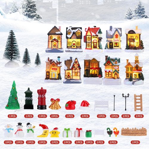 Barydat Christmas Village Figurines Set - 60 LED Lighted Mini Houses for Holiday Decor