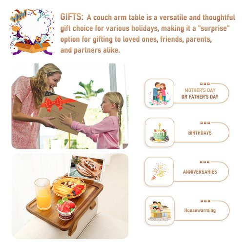 SINWANT Couch Arm Table, Acacia Wood Sofa Arm Rest Tables Couch Armrest Table with 360° Phone Holder,Portable Sofa Armrest Tray for Drink Snacks