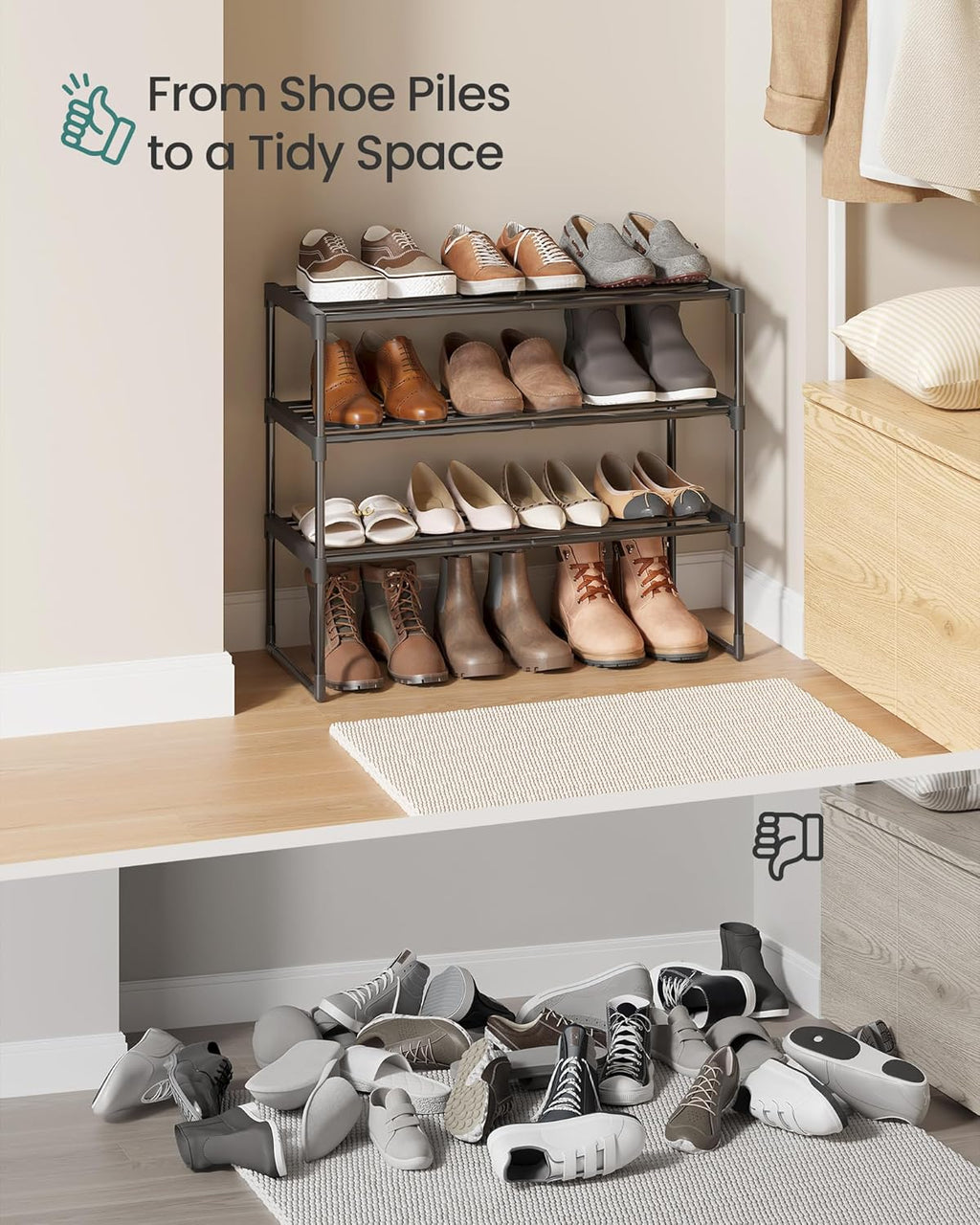 SONGMICS 3-Tier Shoe Rack - Stackable Metal Organizer for 8-12 Pairs | Black, 11.8 x 26.8 x 21.7 Inches