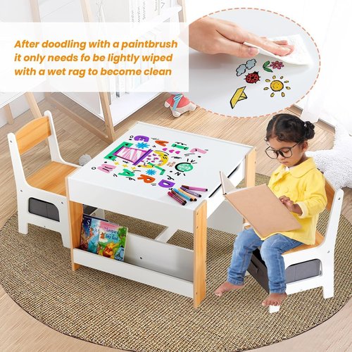 Asweets Kids Table and Chair Set,4 in 1 Toddler Desk with Storage Drawer,Wooden Activity Table for 2 in 1 Detachable Tabletop,Bookshelf,Suitable for Classroom,Home,Nursery,Playroom (Ivory White)