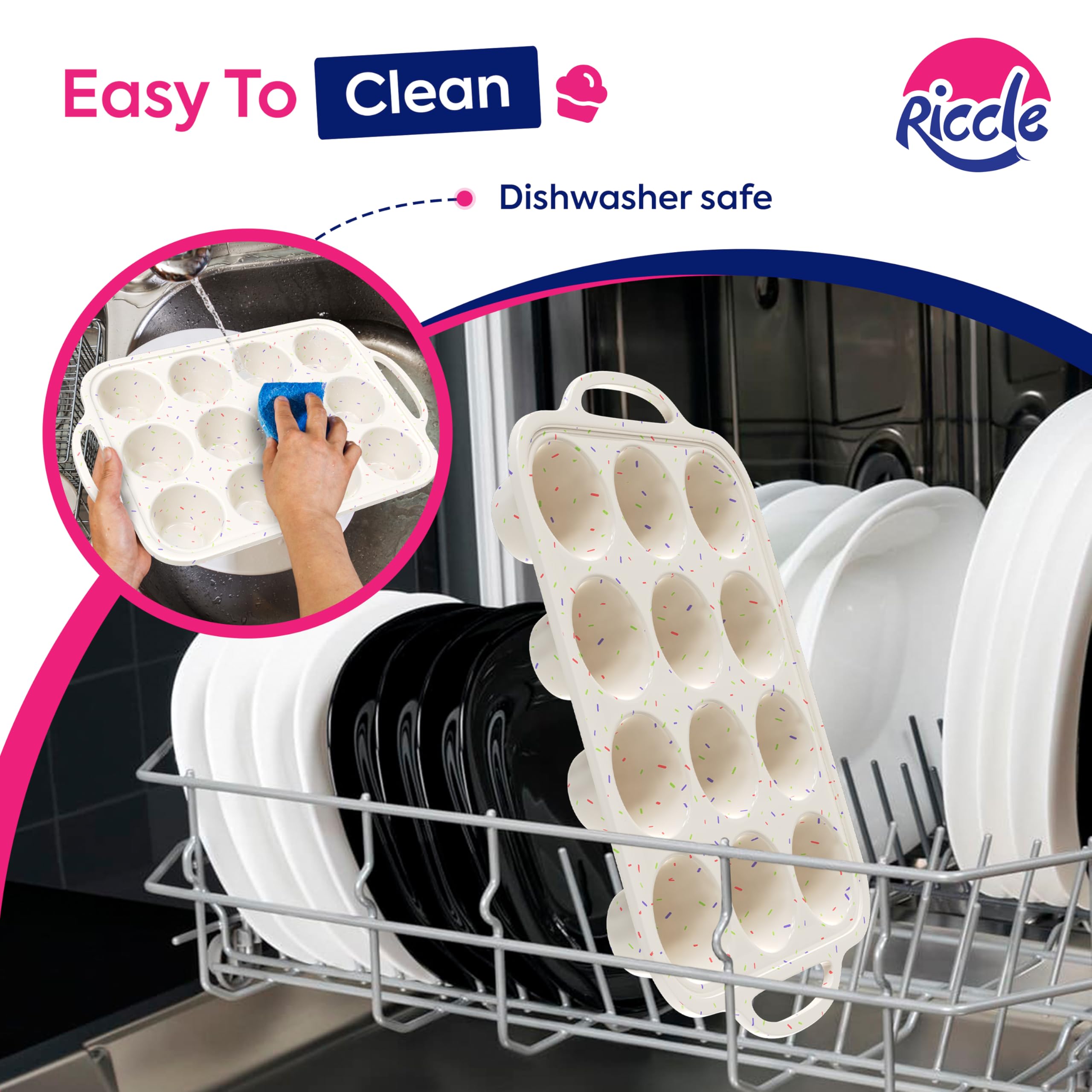 RICCLE Silicone Muffin Pans for Baking with Metal Reinforced Frame, 12-Cup Cupcake Pan, 2 Pcs Muffin Trays for Cupcake Baking, Tray Molds, Oven & Dishwasher Safe, BPA-Free (2 x Regular)