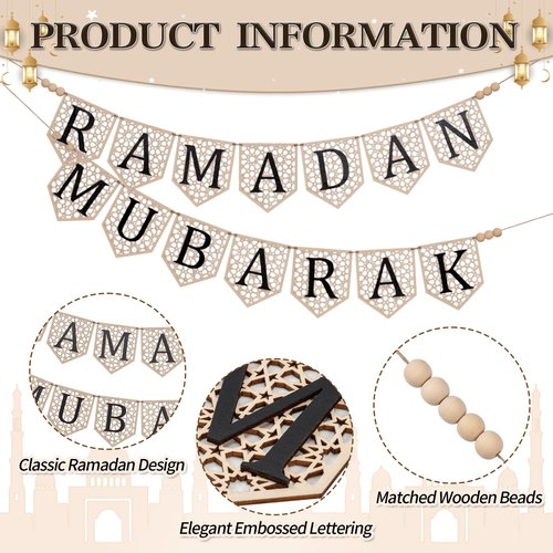 2 Pcs Ramadan Mubarak Banner, Wooden Eid Ramadan Mubarak Decorations with Rustic Beads, Muslim Party Decor for Home, Mantel, Fireplace, Indoor or Outdoor Celebration (Black Letters)