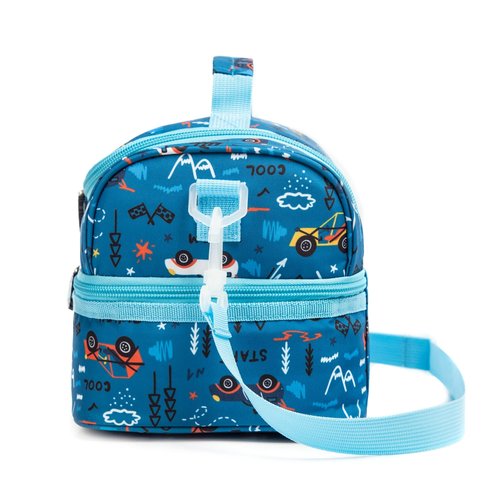 Life on track Insulated Kids Dual Compartment Lunch Bags Tote Pack for Girls Boys Toddler Kindergarten School Picnic Food Cooler Boxes with Shoulder Strap (Blue Car)