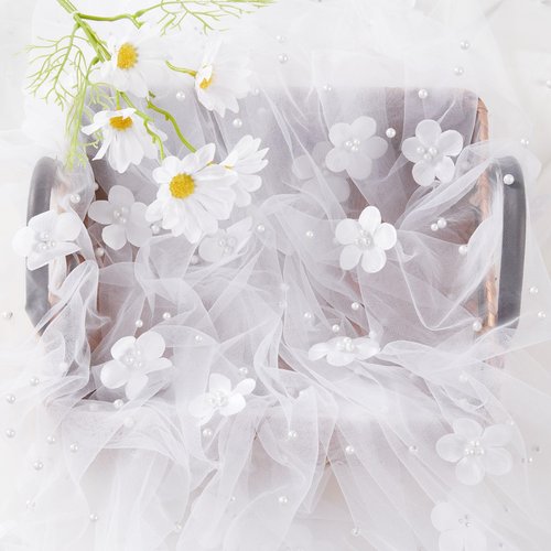 10Pcs 10ft White Pearl Tulle Tablecloth: Flower Pearl Table Runner Tulle Fabric Wedding Table Cover for Bridal Shower Veil Dessert Sweetheart Ceremony Lace Table Decorations