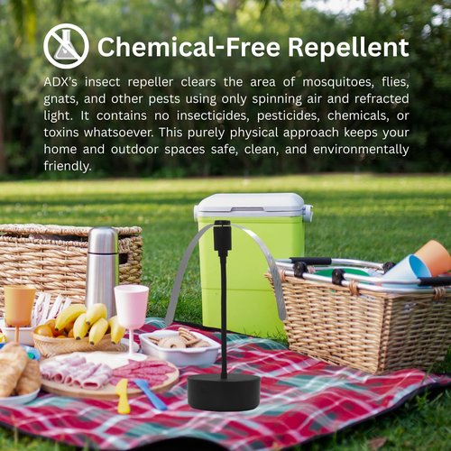 Adamax Black USB-C Rechargeable Fly Fan For Tables FF-BK-01, Outdoor Dining Accessory and BBQ Essential, Lightweight with Adjustable Neck, Picnic Table Accessory and Patio Must-Have