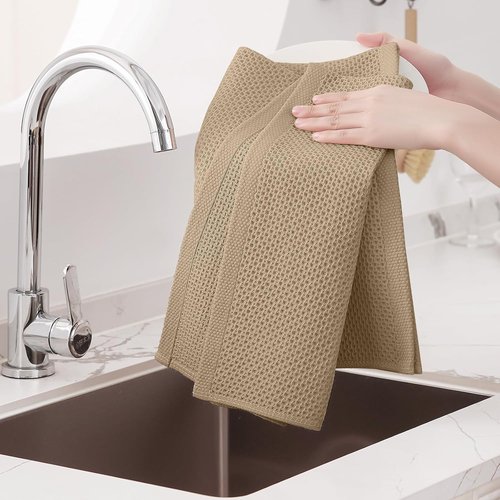 Homaxy 100% Cotton Waffle Weave Dish Towels - Ultra Soft & Absorbent, Quick Drying | 20x28 Inches, Tan, 4-Pack