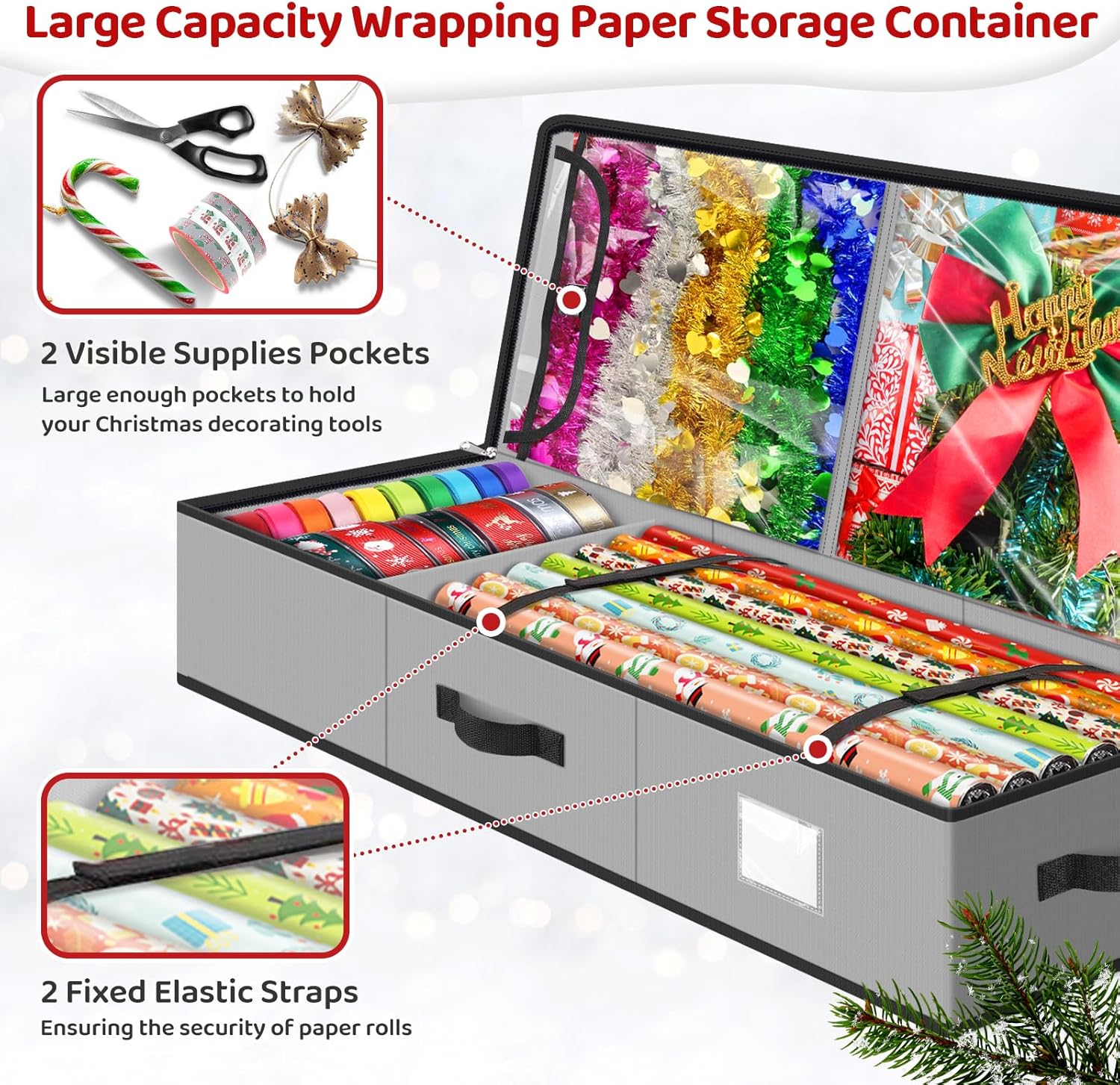 BlessedSeason Wrapping Paper Storage Organizer - Holds 40-Inch Rolls with 2 Pockets for Holiday Accessories | Grey