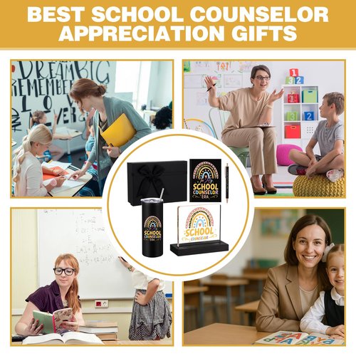 Patelai 5 Pcs School Counselor Gifts Counselor Appreciation Gifts for Teacher Women Men Include 16 oz Tumbler Notebook Ballpoint Pen Desk Stand for Educator School Teacher Day Office Must Haves