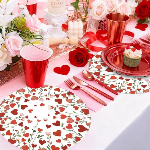 SMUAENSS 50Pcs Valentine's Day Disposable Round Paper Placemats - Red Pink Heart Wreath Design, Valentine's Day Dinner Table Mats Wedding Anniversary Party Table Decor