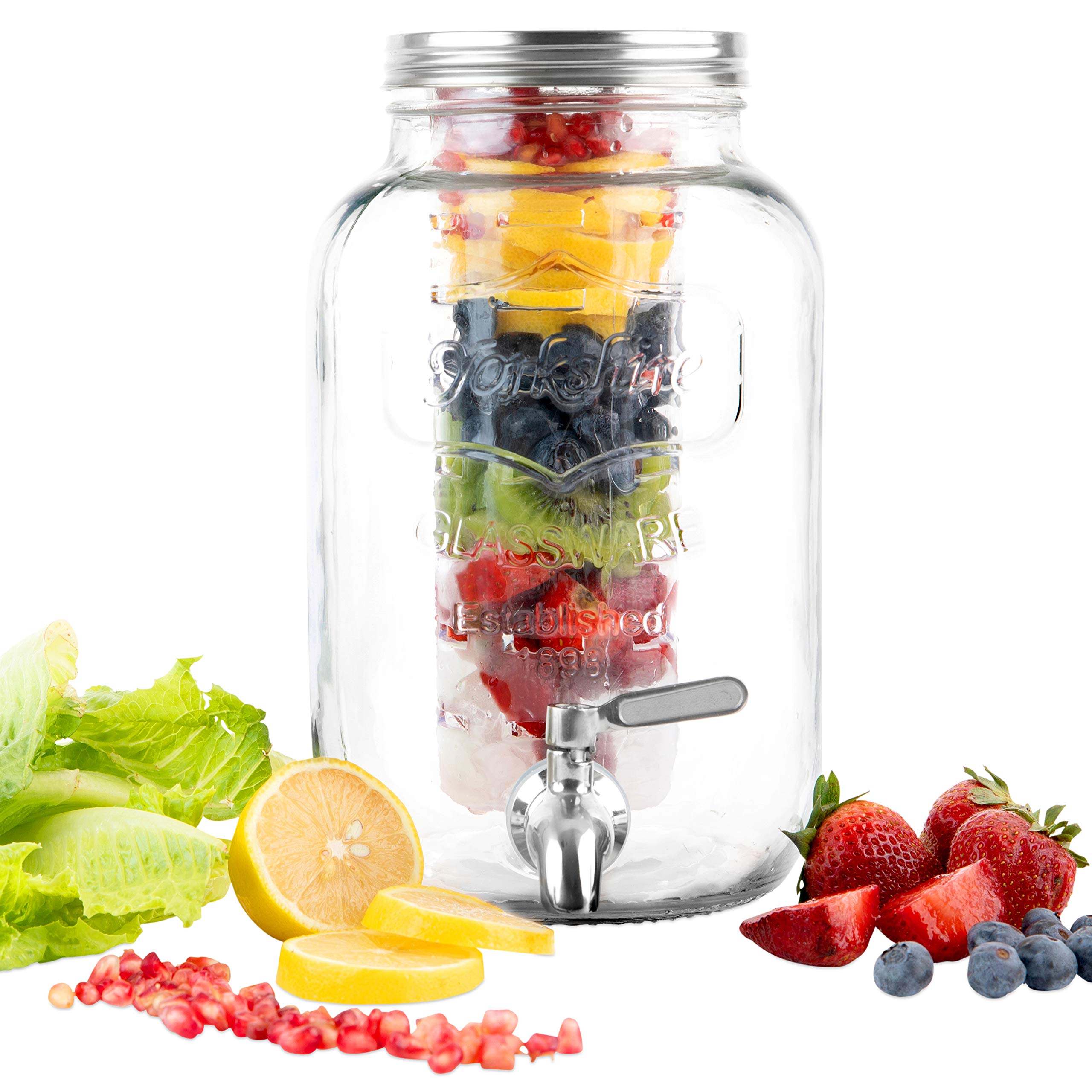 2 Gallon Glass Beverage Dispenser with Ice and Fruit Infusers, Stainless Steel Spigot and Metal Lid, Wide Mouth Mason Jar Drink Dispenser, for Iced Tea, Kombucha Brewing and more