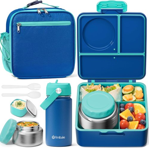 Fimibuke Kids Bento Lunch Box - Leakproof Insulated Food Jar & Water Bottle | 3-4 Compartment Design for School