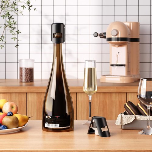 Champagne Stoppers with Stainless Steel Champagne Saver with Food Grade Silicone Leak proof Keep Fresh Suitable for Champagne, Cava, Prosecco and Sparkling (Black, 4 Pack)