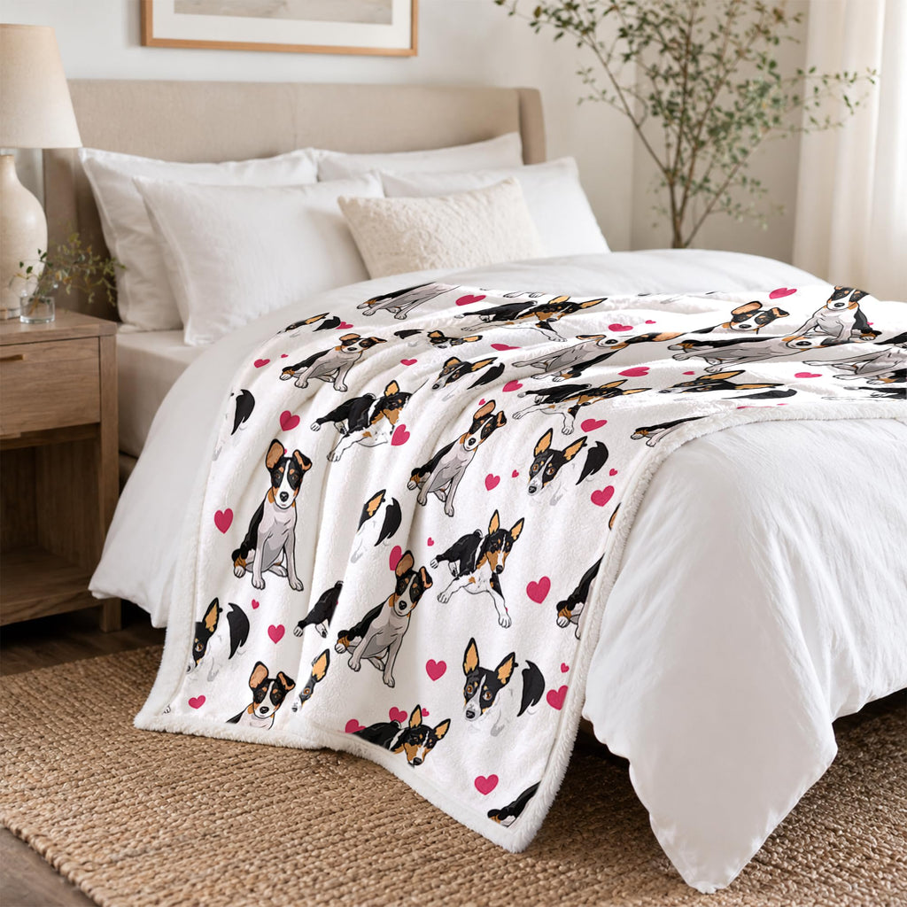 BlessLiving Rat Terrier White Throw Blanket with Dense Black Dog Patterns Sherpa Fleece Blanket Couch Bed, Soft Cozy Warm Pet Blankets for Puppy Lovers Pink Heart Cute Animal Print Gift 50x60 Inches