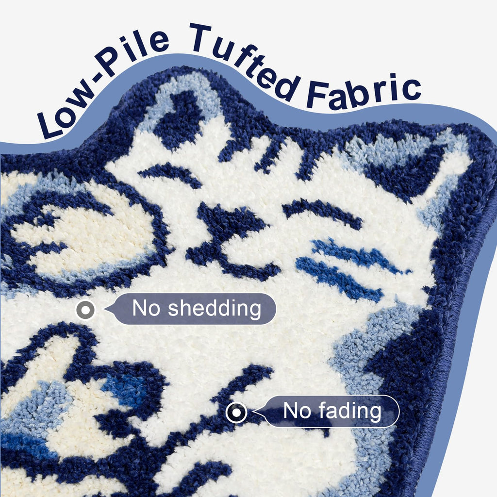 Softania Blue Delft Cat Rug - Cute Cat Bathroom Rug Super Absorbent & Non-Slip Bath Mat, Soft Fuzzy Cute Mat for Small Bathroom or Shower Floor
