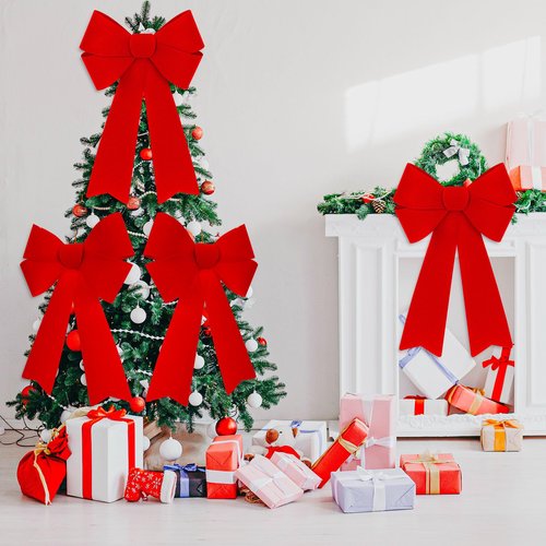 Heartome 4 PCS Christmas Tree Decorations, 12 ×18 Inches Large Red Velvet Bows for Christmas Tree, Plastic Christmas Bows, Outdoor Xmas Bows for Xmas Home Wreath Fence Railing Stairs Fireplace Decor