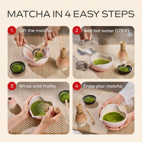 Rehny’s Matcha Whisk Set|Complete Pink Matcha Set w/Heart-Shaped Bowl, Bamboo Whisk, Holder, Stainless Steel Sifter, Bamboo Scoop|Cute Gift Present Macha Kit Handmade Bowl |Macha Powder Tea Kit