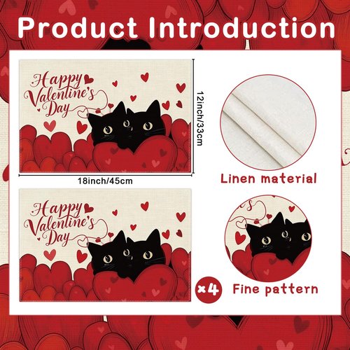 Inisajace Valentines Day Placemats Set of 4, Happy Valentine's Day Cat and Love Heart Placemats Decorations, Table Mats for Home Party Kitchen Dining Decor (12x18 Inch)