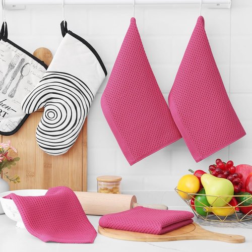 Homaxy Kitchen Dish Cloths - Ultra Soft 100% Cotton Waffle Weave, Quick Drying, 12 x 12 Inches, 6-Pack, Hot Pink