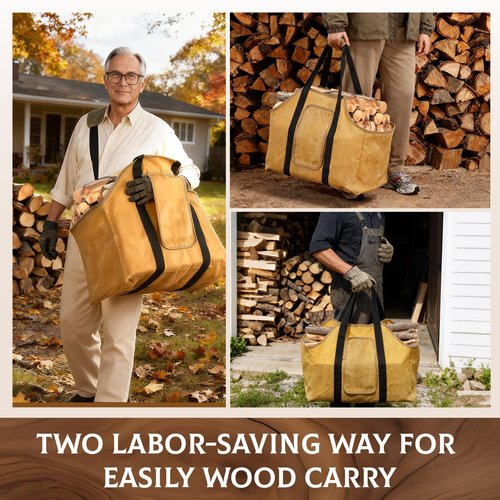 NFAMRZCAR Extra Large Firewood Carrier Ergonomic Wood Carrier for Firewood Heavy Duty Wax Canvas Firewood Bag,Firewood Carriers with Handles for Wood Stove Accessories Outdoor Camping