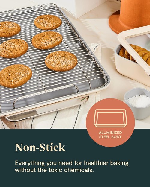 Caraway Nonstick Ceramic Bakeware Set - 11 Pieces of Assorted Baking Pans & Cooling Rack | Non-Toxic, PTFE & PFOA Free - Cream
