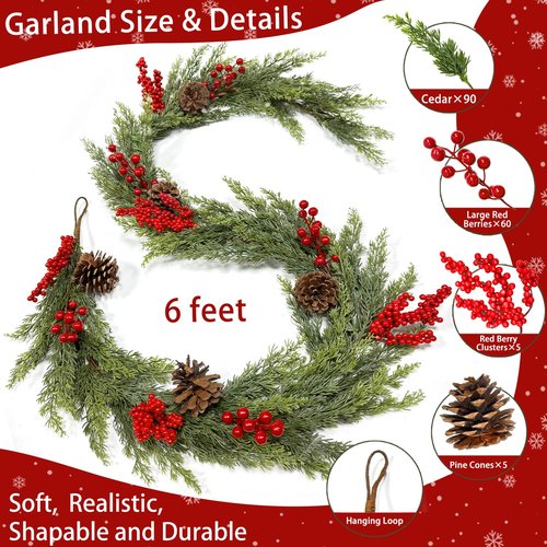 6 Ft Christmas Garland - Real Touch Cedar Garland with Red Berry Clusters Pinecones by 90 Cedar Branches, Realistic Greenery Faux,Christmas Garlands for Mantle Fireplace Table Centerpiece Decor