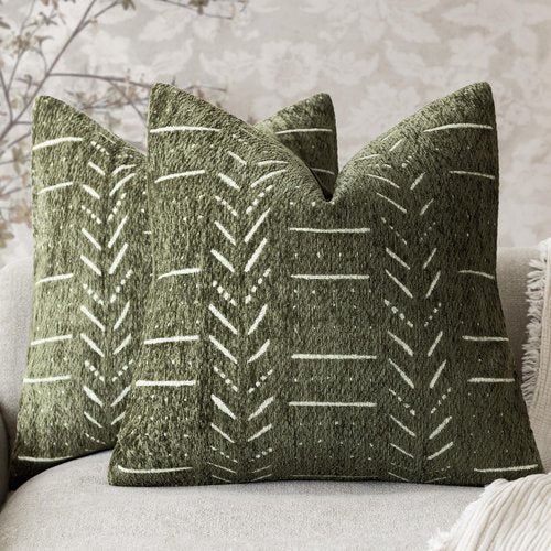 vivrudil Home Décor Decorative Boho Accent Chenille Throw Pillow Covers Textured Neutral Cushion Covers Soft Farmhouse Pillowcase for Couch Sofa Bed Living Room, 18×18 Inch, Set of 2, Olive Green