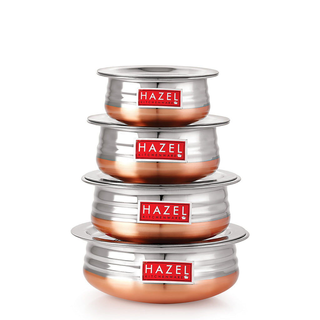 HAZEL Stainless Steel Copper Bottom Pot Handi with Lid | Urli Vessel Cooking Stainless Steel | Serving Tope Handi | Serveware set of 5 (600 ml, 900 ml, 1200 ml, 1500 ml, 1800 ml) | 3 Months Warrenty