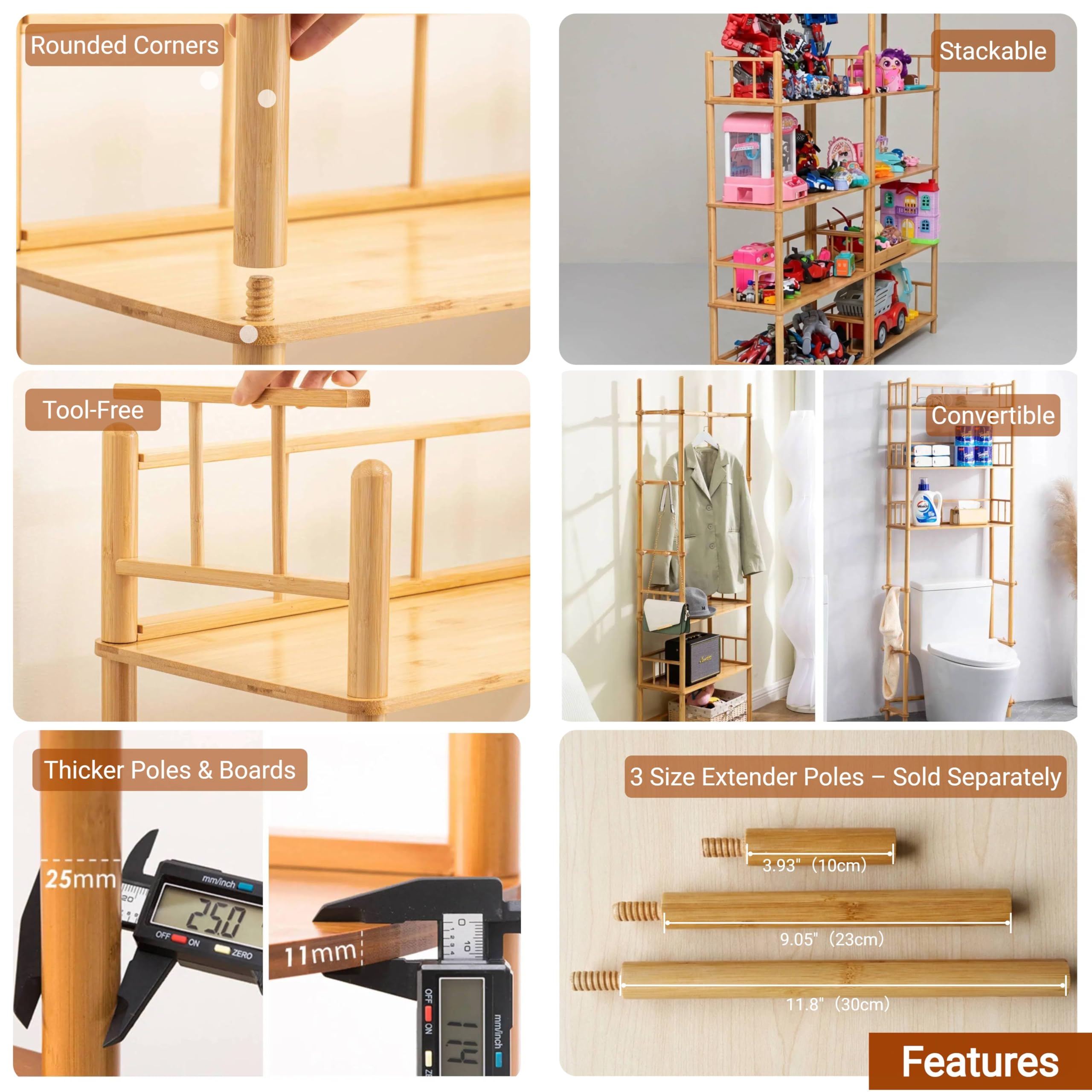 GOGOGO 2-Tier Expandable Bamboo Bookshelf - 150LBS Heavy-Duty, Tool-Free Assembly, Multifunctional Storage for Bathroom/Kitchen/Office Holder Plant Flower Stand (1, Natural, 3-Tier Short)