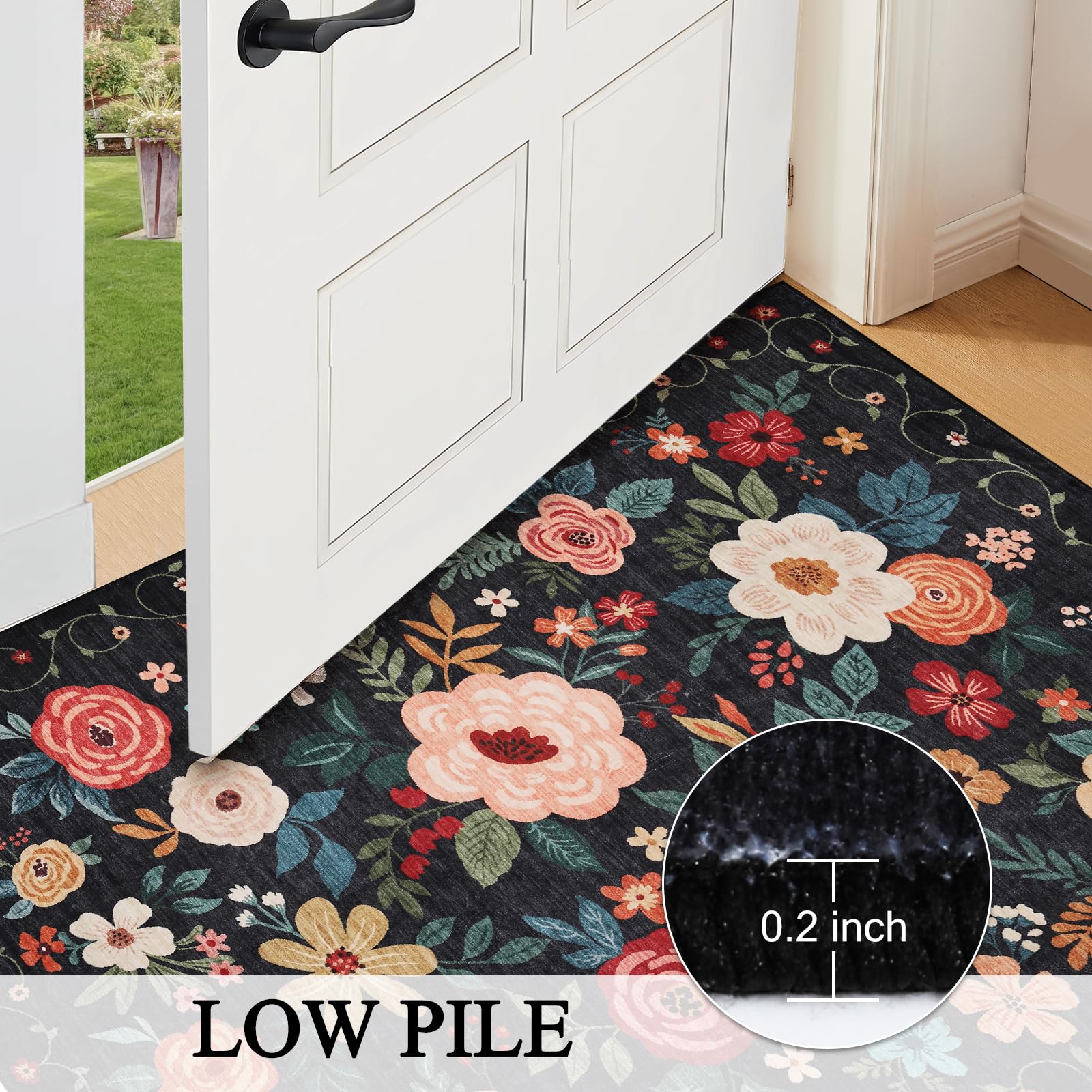 DUKINO 5x7 Area Rug, Floral Design, Lightweight Non Slip Washable, Indoor Low Pile & Non-Shedding Boho Rug for Bedroom, Living Room, Dining Room, Black