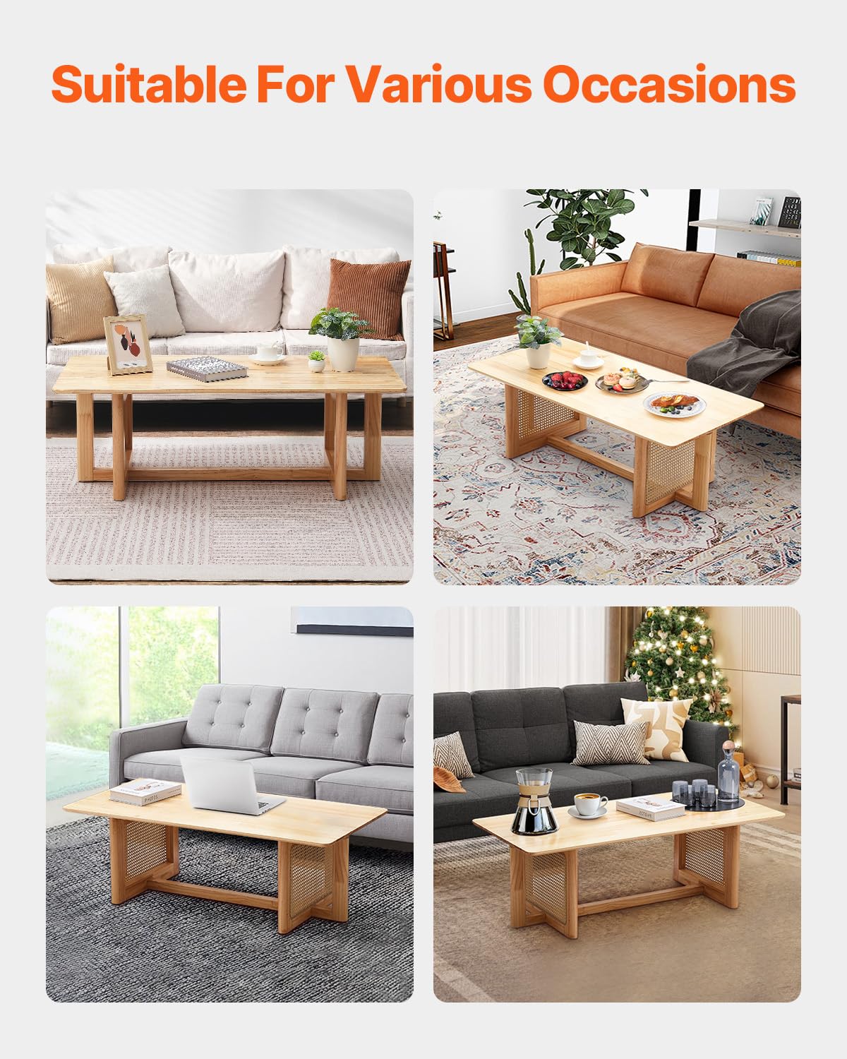 VEVOR Rattan Coffee Table, Rectangle Woven With Rubber Wood Top, 47-Inch Modern Boho Storage Table With Natural Legs, for Living Room, Bedroom & Small Spaces