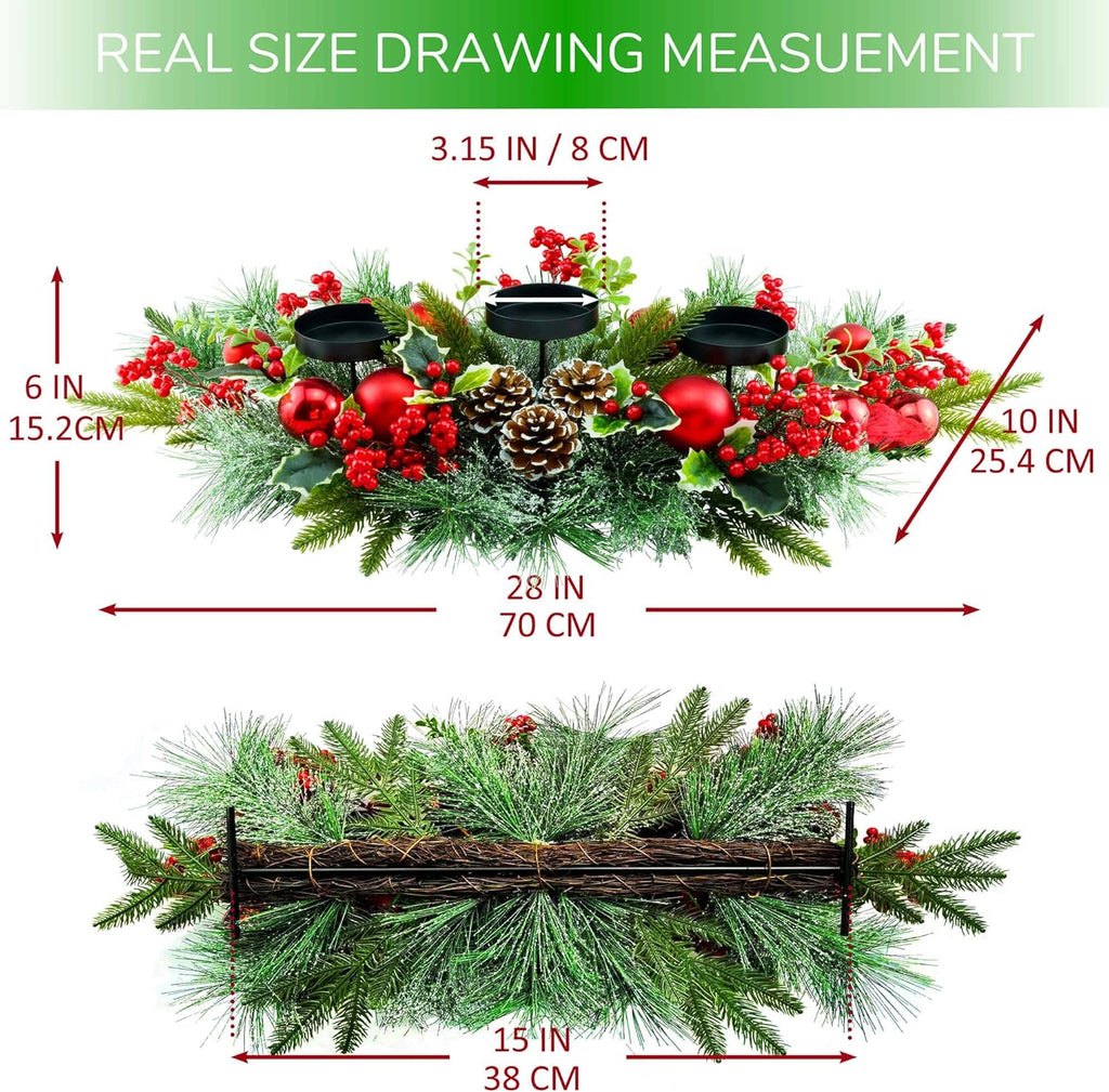 YULETIME 28" Christmas Triple Candelabrum - Festive Candle Holder with Red Baubles & Natural Pine Decor