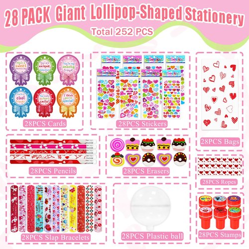 KPHNGB 28 Pack Valentines Gifts for Kids - Giant Lollipop-Shaped Class Stationery Set with Cards, Bulk Valentines Classroom Gifts for School Exchange Prizes