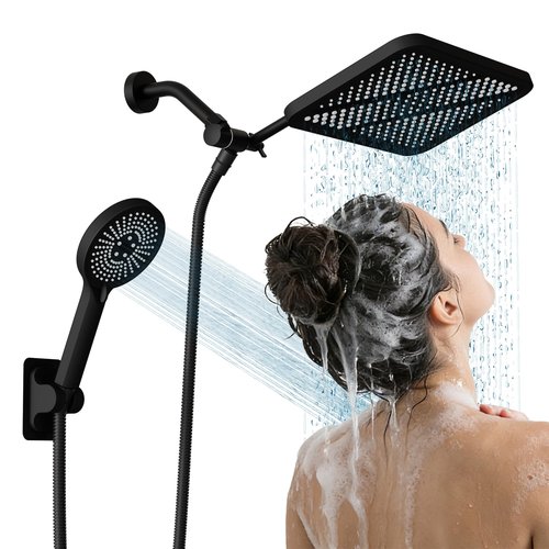 RFOUO Wide Rain Shower Head with Handheld, High Pressure Rainfall Showerhead Combo with Arm,Detachable Dual Shower with Multi Modes Handheld Spray Matte Black