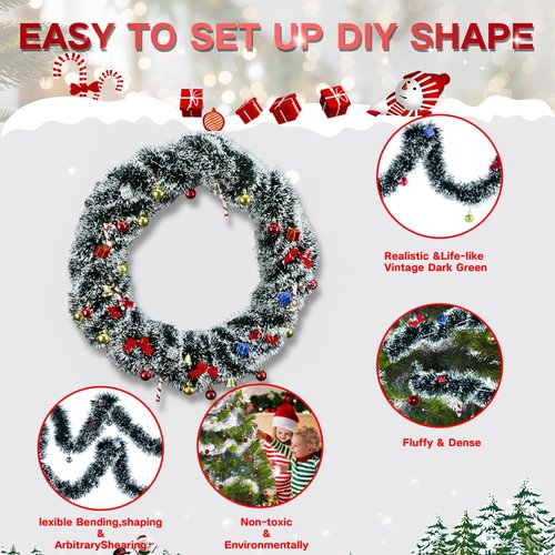 NQN 5 Pack 250Ft Greenery Garland with Snow, Dark Green Snowflake Dots, Artificial Christmas Pine Streamers for Indoor/Outdoor Decorations