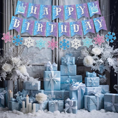 Fanfanwin Snowflake Birthday Banner Set - 5 Pcs Blue Snowflake Design with Felt Castle Decor | Winter Holiday Party