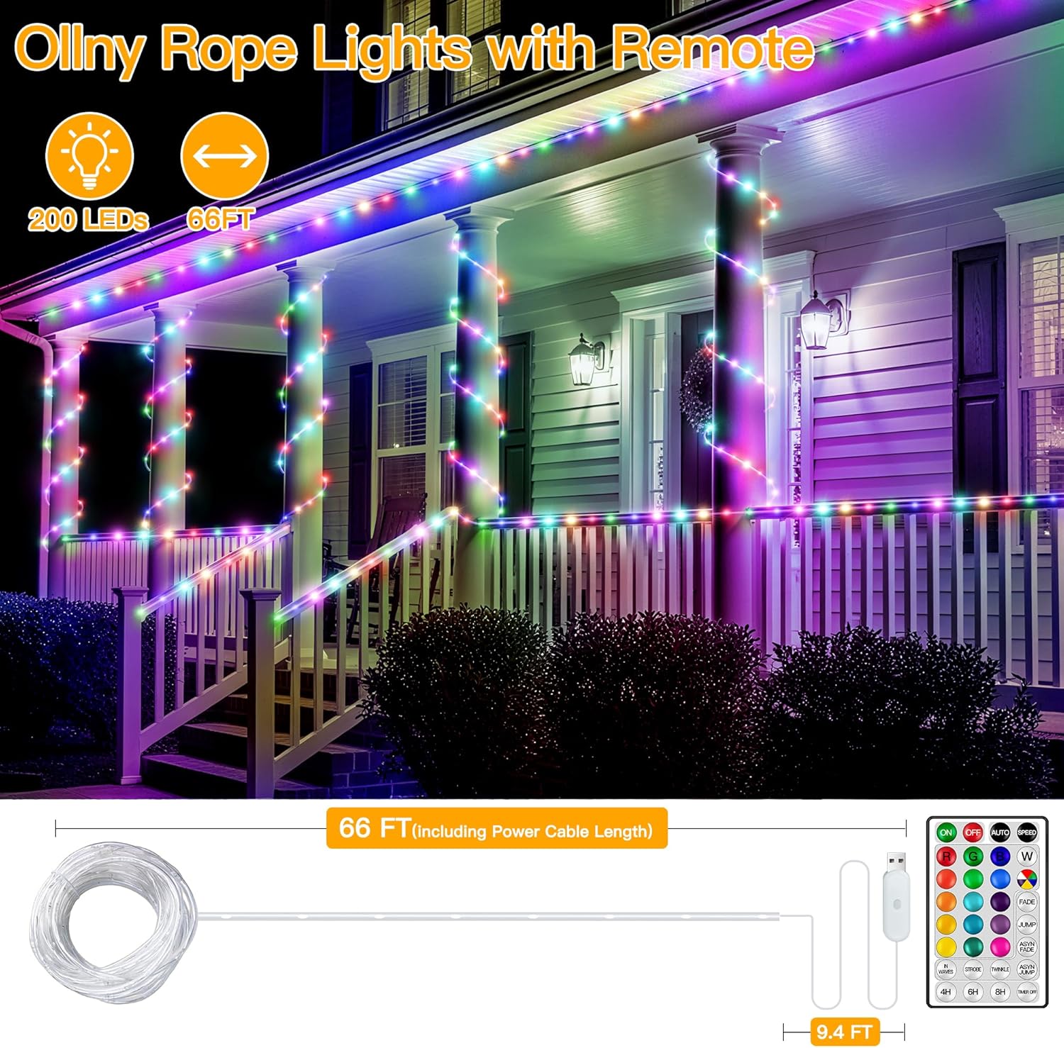 Ollny Color Changing Rope Lights - 66FT Waterproof LED String Lights with Remote | 16 Colors for Indoor & Outdoor Decor