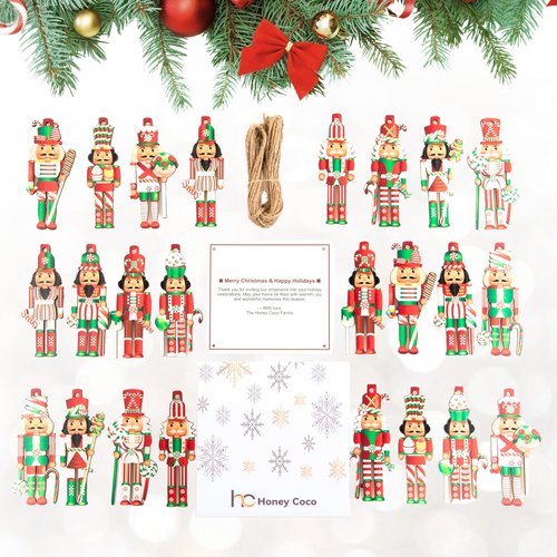 Nutcracker Christmas Ornaments Set of 24, Mini Nutcracker Soldiers Ornaments, Wooden Hanging Decorations for Tree, Traditional Wooden Hanging Soldiers, Single-Sided for Custom Holiday Setup