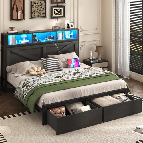 Incyneva Full Bed Frame - Farmhouse Style with Bookcase Storage, Charging Station & LED Light - Black