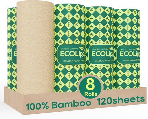 ECOlipak Paper Towels - Soft & Absorbent 2-Ply | 120 Sheets, 8 Rolls - Plastic-Free & Compostable