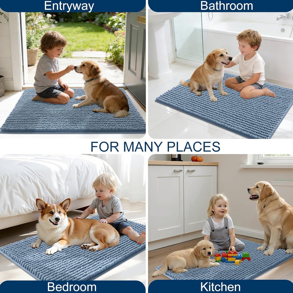 OLANLY Dog Door Mat - Ultra Absorbent Chenille Mud Doormat | Non-Slip, Washable, 24x16, Airy Blue