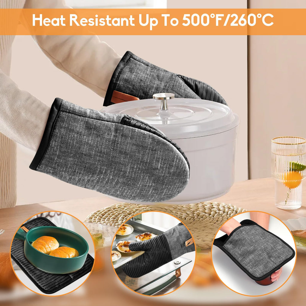 TIPTAP 4PCS Oven Mitts Set，Non-Slip Cotton Oven Mitt and Pot Holders – Heat Resistant, Durable，Machine Washable，1 Long Mit, 2 Mini Oven Mitts and 1 Pot Holder (Blue)