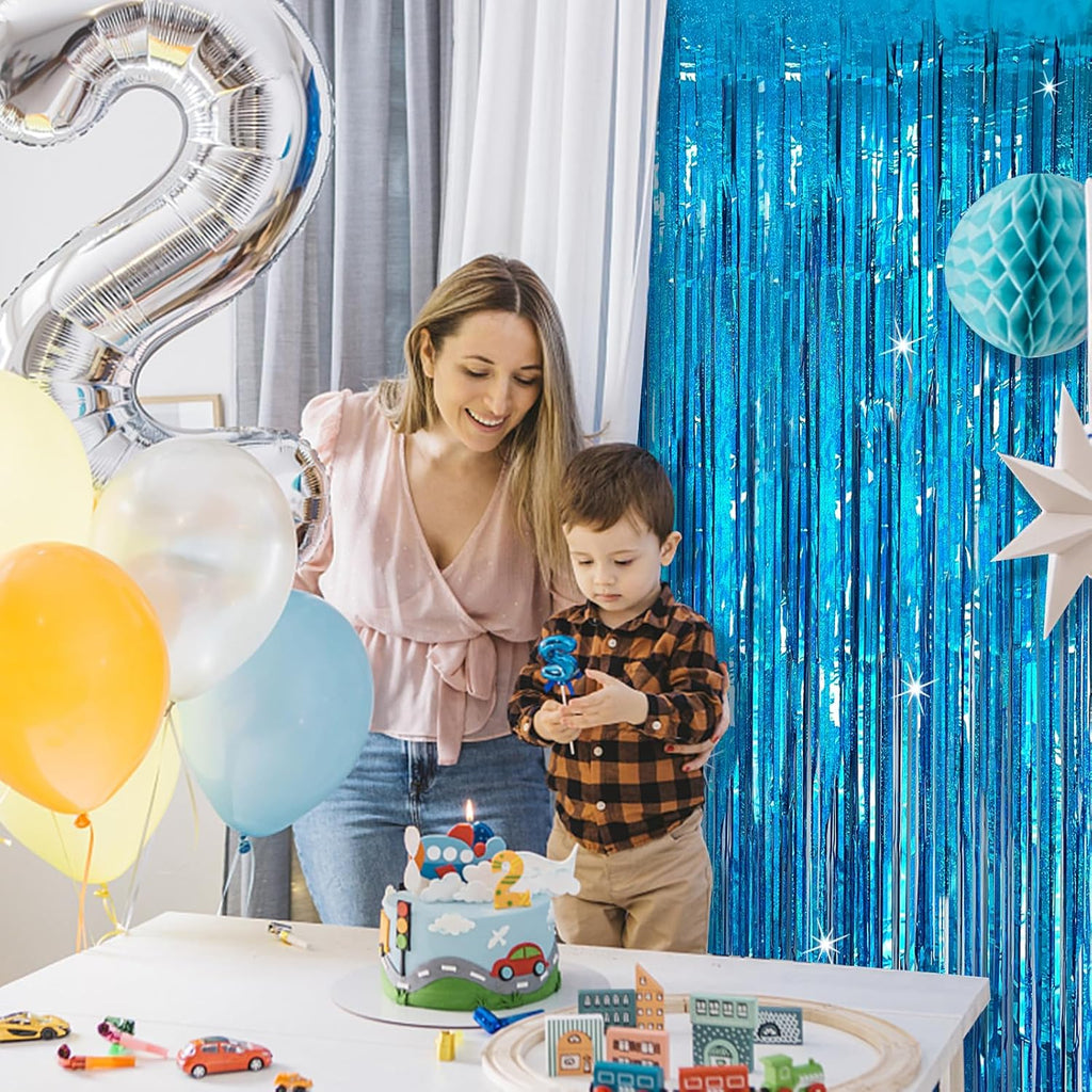 Skiennix Tinsel Curtain Backdrop - Blue Glitter Foil Fringe for Birthday, Wedding & Party Decor | 2 Packs