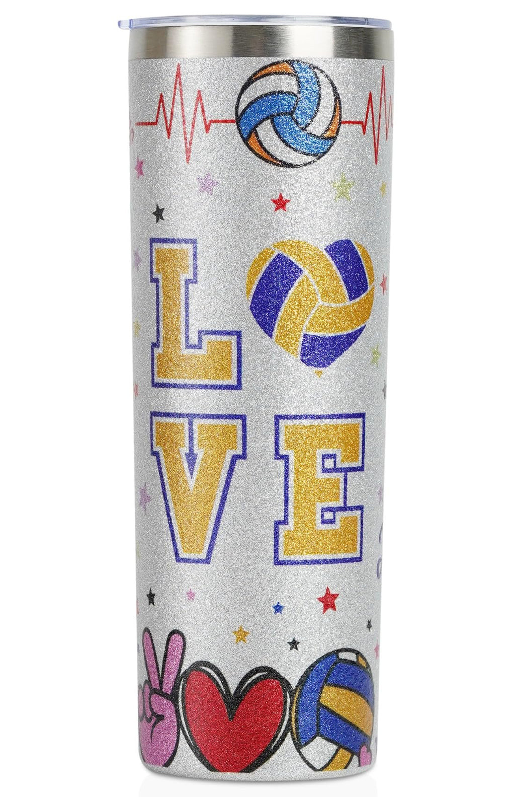 Onebttl Volleyball Gifts for Teen Girls & Team, Stainless Steel Kids Volleyball Tumbler, Double Wall Vacuum Insulated Bottle with Lid & Straw 20oz - Glitter