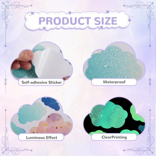 Glow in The Dark Colorful Clouds Wall Stickers, Holographic Rainbow Cloud Wall Stickers for Kids Bedroom, Colorful Glitter Vinyl Clouds Decals, Living Room Nursery Playroom Room Home Decor