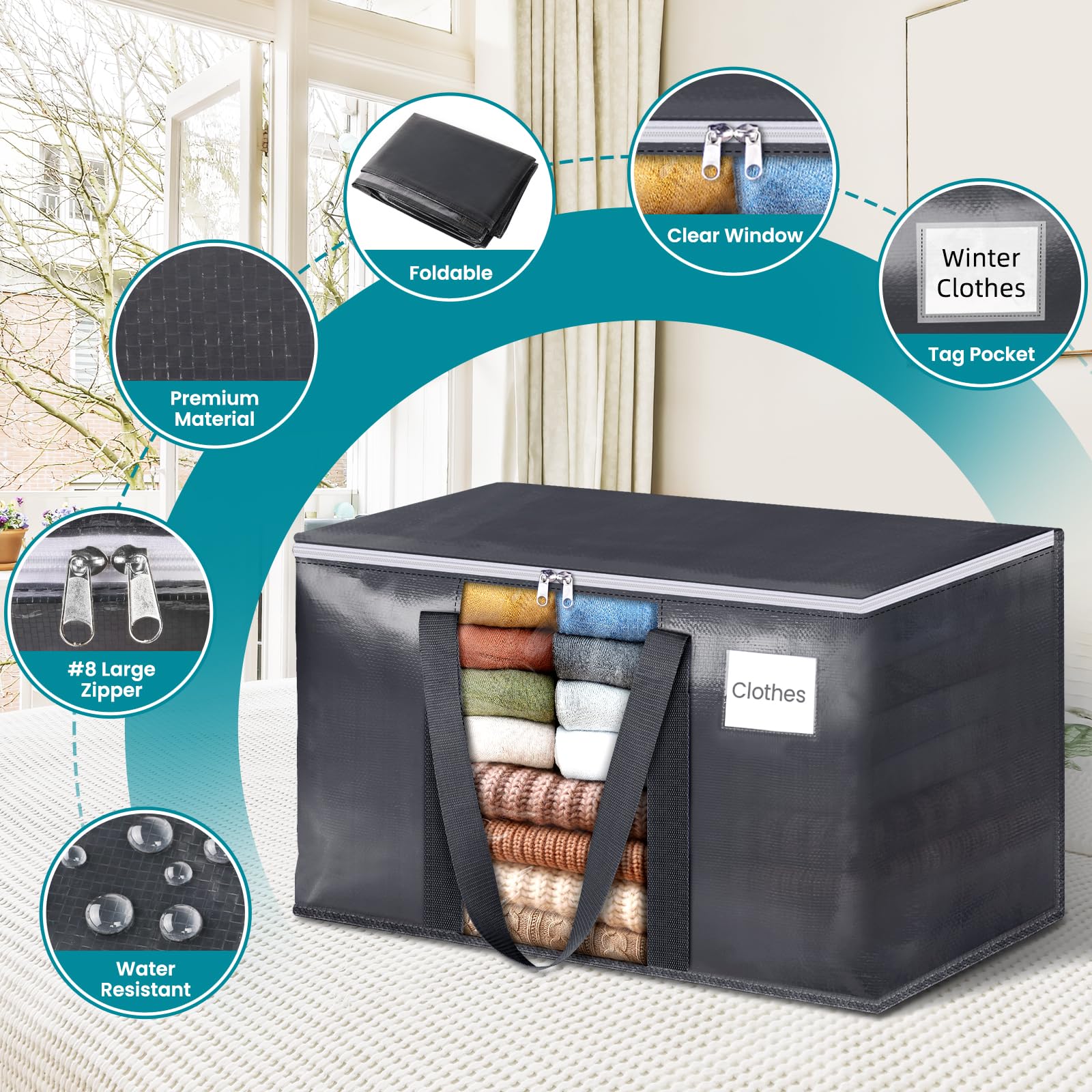 HomeHacks 10 Pack Extra Large Moving Bags with Visual PVC Window & Zippers, Storage Totes with Reinforced Handles, Heavy Duty Storage Bags for Packing, Moving, Storage (125L,Grey)