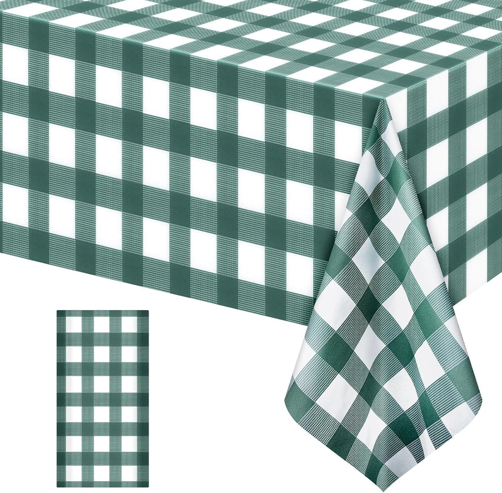 Skiennix Sage Green Striped Gingham Tablecloth - Waterproof Disposable Plastic, 54 x 108 Inch for Events